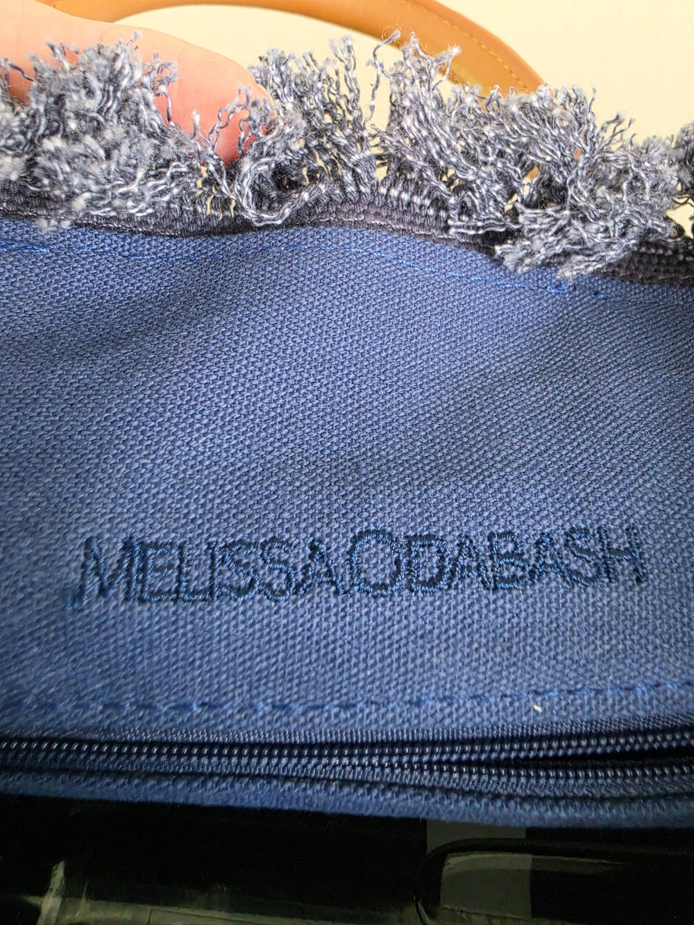 Melissa Odabash Navy Porto Cervo Fringed Mini Tote with Tan Leather Handles - Picture 6 of 14